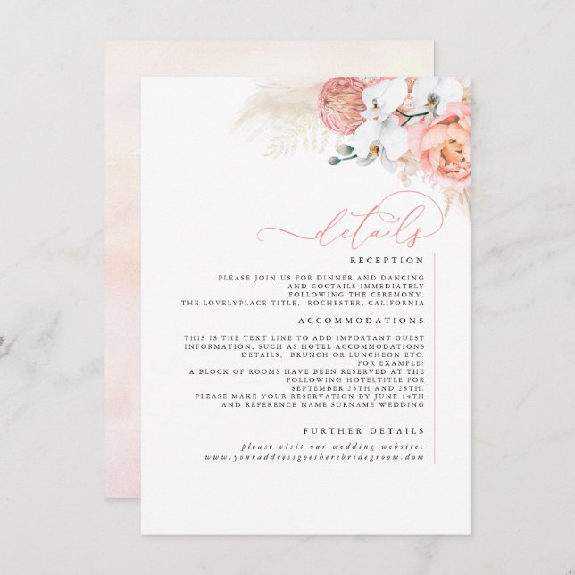 Pampas Grass Pink Blush Wedding Details Enclosure Card (Front/Back)