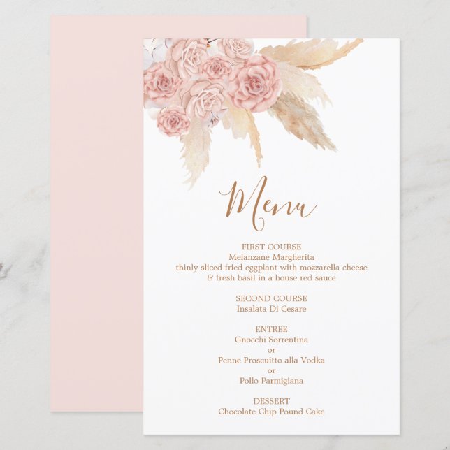 Pampas Grass pink Boho Chic Menu Card (Front/Back)