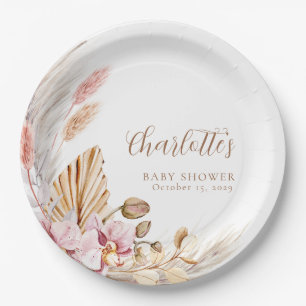 Pampas Grass Pink Brown Floral Baby Shower Paper Plate