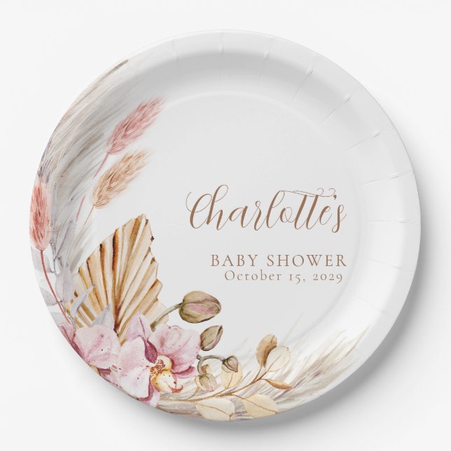 Pampas Grass Pink Brown Floral | Baby Shower  Paper Plate (Front)
