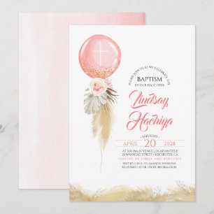 Pampas Grass Pink Floral Balloon Baptism Invitation