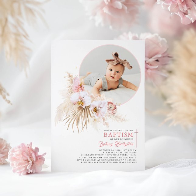 Pampas Grass Pink Floral Baptism Photo Invitation (Floral Elegant Modern Baptism Photo Invitations for Girl)
