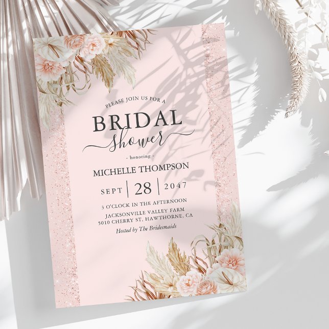 Pampas Grass Pink Floral Bridal Shower Invitation (Creator Uploaded)