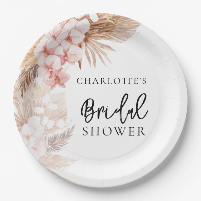 Pampas Grass Pink Floral Bridal Shower Paper Plate (Front)