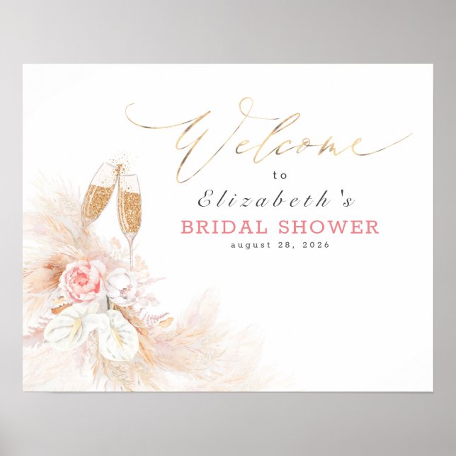 Pampas Grass Pink Floral Bridal Shower Welcome Poster (Front)