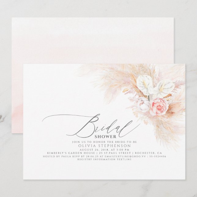 Pampas Grass Pink Floral Exotic Bridal Shower Invitation (Front/Back)