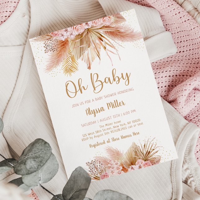 Pampas Grass Pink Floral Oh Baby Shower Invitation (Creator Uploaded)