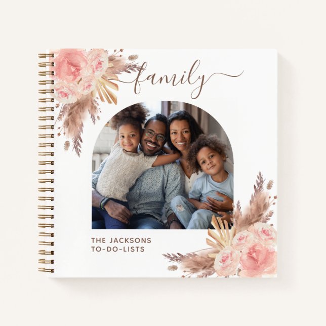 Pampas grass pink floral photo family check lists notebook (Front)