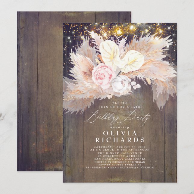 Pampas Grass Pink Floral Rustic Birthday Invitation (Front/Back)