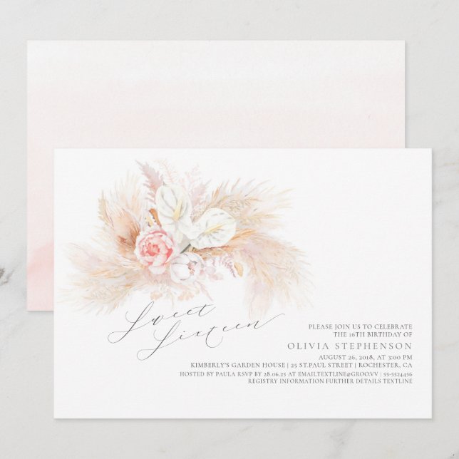 Pampas Grass Pink Floral Sweet Sixteen Birthday Invitation (Front/Back)