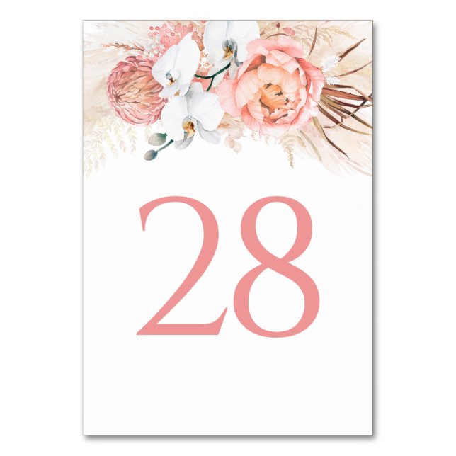 Pampas Grass Pink Floral Table Number Cards (Front)