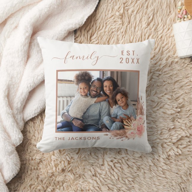 Pampas grass pink florals family photo name script cushion (Blanket)