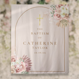 Pampas Grass Pink Gold Arch Baptism Photo Backdrop Tapestry