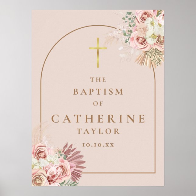 Pampas Grass Pink Gold Arch Baptism Sign (Front)