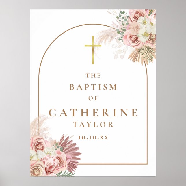 Pampas Grass Pink Gold Arch Baptism Sign (Front)
