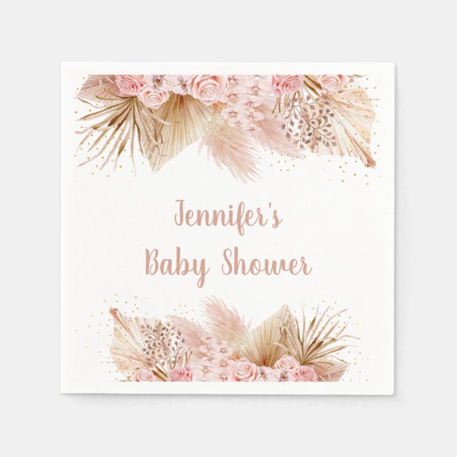 Pampas Grass Pink Gold Floral Baby Shower Napkin (Front)