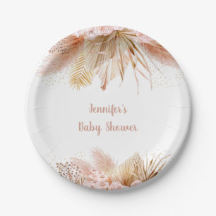 Pampas Grass Pink Gold Floral Baby Shower Paper Plate