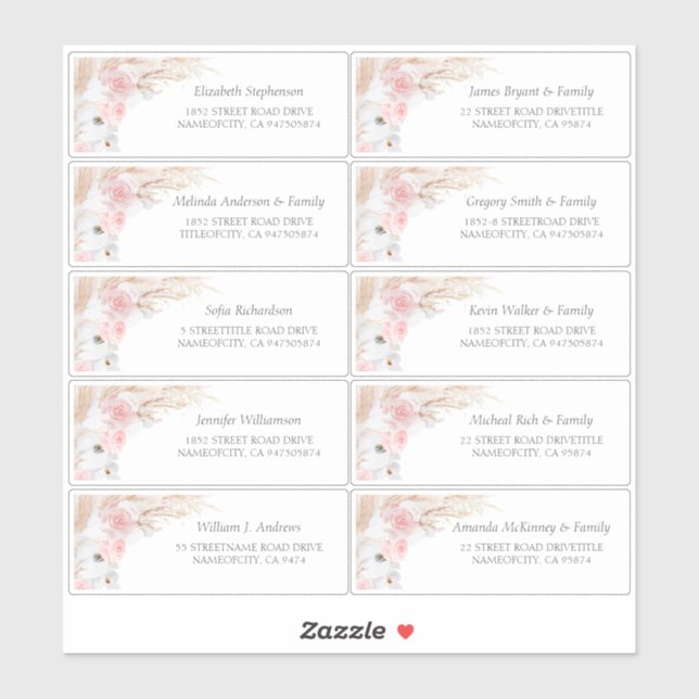 Pampas Grass Pink Guest Names Address Labels (Sheet)