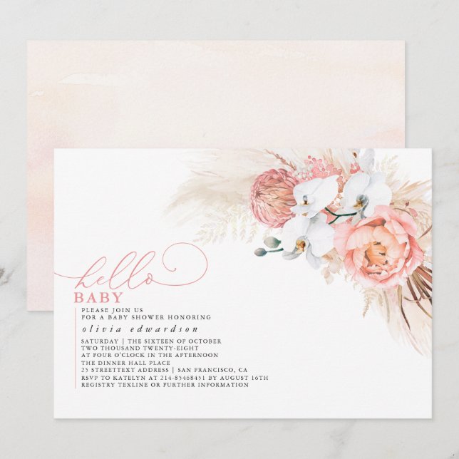 Pampas Grass Pink Hello Baby Girl Shower Invitation (Front/Back)