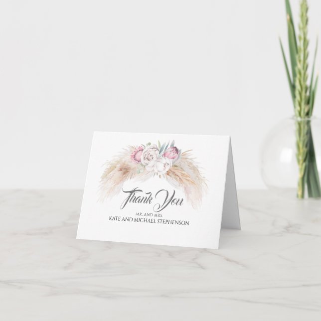 Pampas Grass Pink King Protea Wedding Thank You Card (Front)