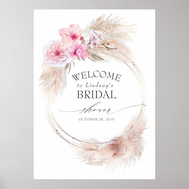 Pampas Grass Pink Orchids Bridal Shower Welcome Poster (Front)