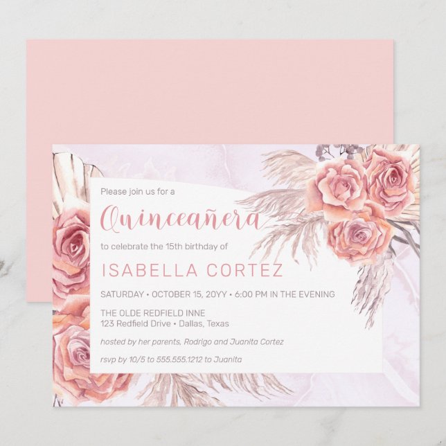 Pampas Grass |Pink Rose Blooms 15th Quinceañera In Invitation (Front/Back)