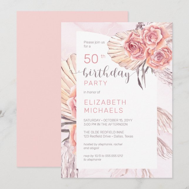 Pampas Grass |Pink Rose Blooms 50th Birthday Party Invitation (Front/Back)