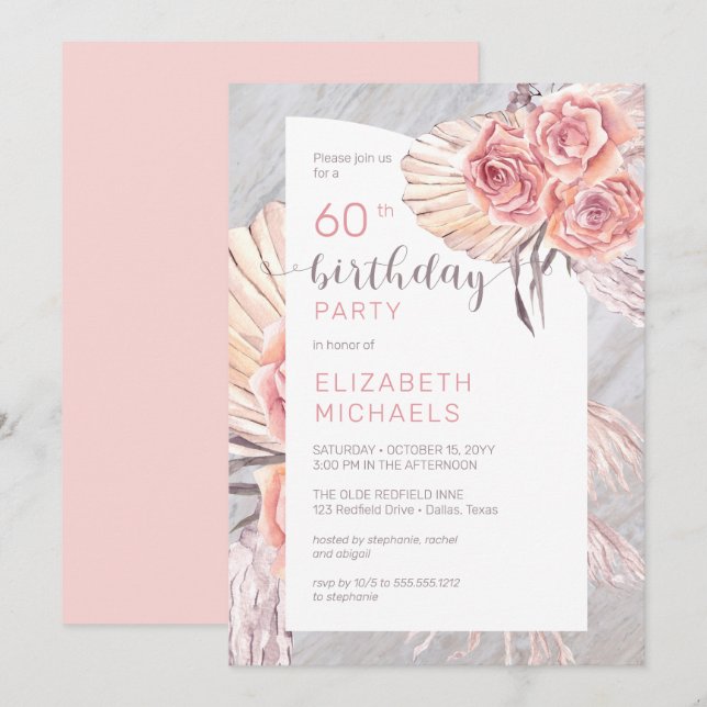 Pampas Grass |Pink Rose Blooms 60th Birthday Party Invitation (Front/Back)