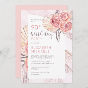 Pampas Grass Pink Rose Blooms 90th Birthday Party Invitation