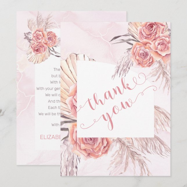 Pampas Grass |Pink Rose Blooms Baby Shower Thank You Card (Front/Back)