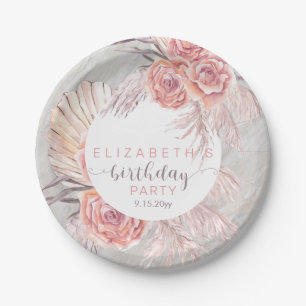 Pampas Grass  Pink Rose Blooms Birthday Party  Pap Paper Plate