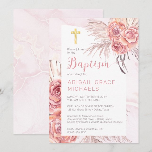 Pampas Grass |Pink Rose Blooms Girl Baby Baptism I Invitation (Front/Back)
