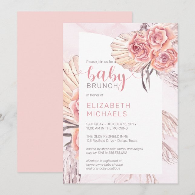 Pampas Grass |Pink Rose Blooms Girl Baby Brunch Invitation (Front/Back)