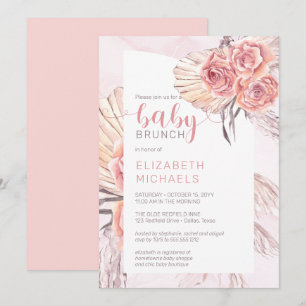 Pampas Grass  Pink Rose Blooms Girl Baby Brunch Invitation
