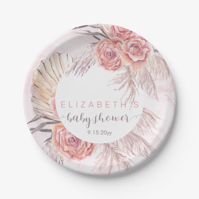 Pampas Grass |Pink Rose Blooms Girl Baby Shower Paper Plate (Front)