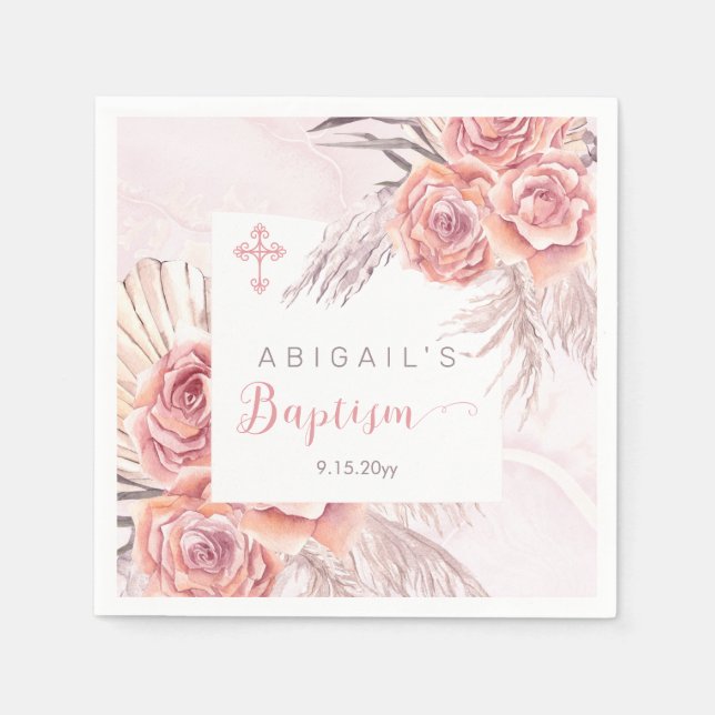 Pampas Grass |Pink Rose Blooms Girl Baptism Napkin (Front)