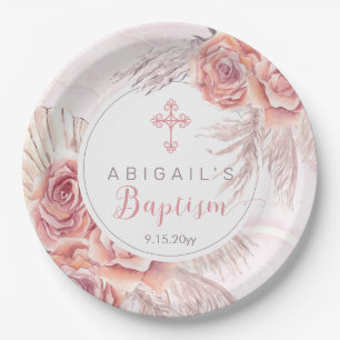 Pampas Grass Pink Rose Blooms Girl Baptism Paper Plate