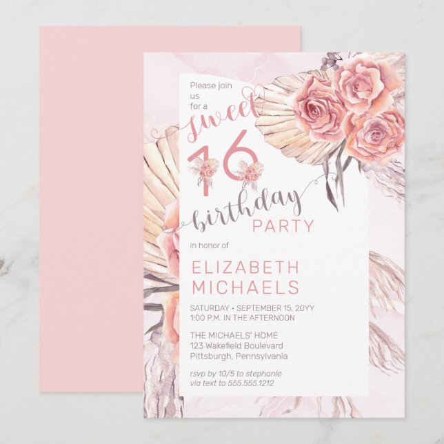 Pampas Grass |Pink Rose Blooms Sweet 16 Party Invitation (Front/Back)