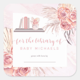 Pampas Grass   Pink Roses Baby Shower Bookplate Square Sticker