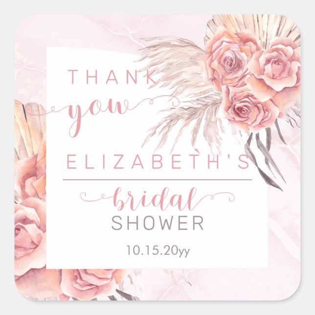 Pampas Grass | Pink Roses Bridal Shower Thank You Square Sticker (Front)