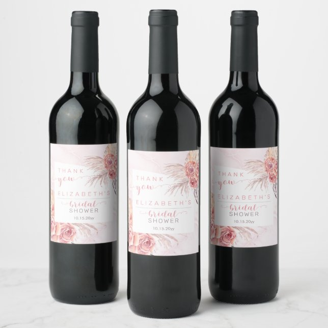 Pampas Grass | Pink Roses Bridal Shower Thank You Wine Label (Bottles)