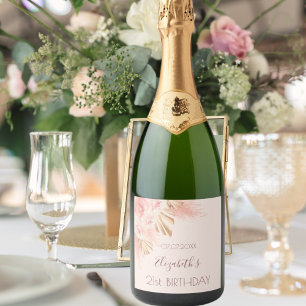 Pampas grass pink roses peach beige birthday sparkling wine label