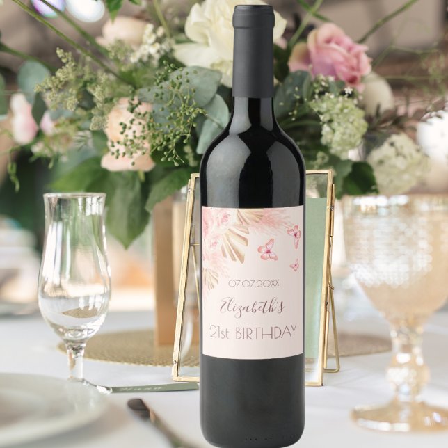 Pampas grass pink roses peach butterflies birthday wine label (Creator Uploaded)