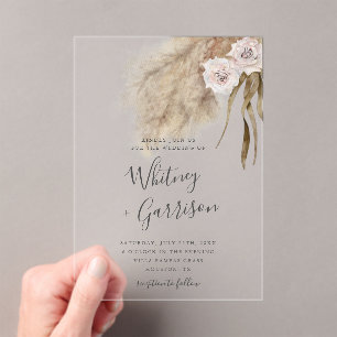Pampas Grass Pink Wedding Floral Acrylic Invitations