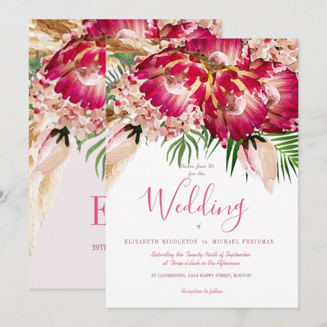 Pampas Grass Protea Floral  Modern Pink Wedding Invitation (Front/Back)