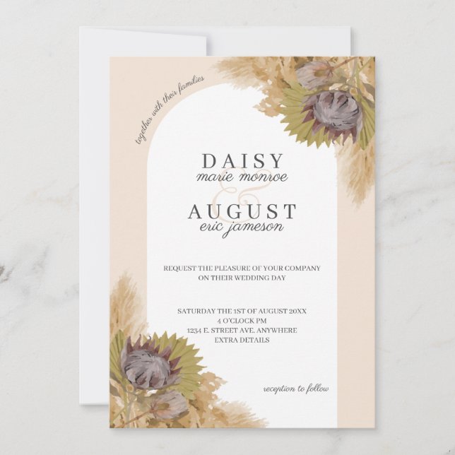 Pampas Grass Protea Script Photo Wedding Invitation (Front)