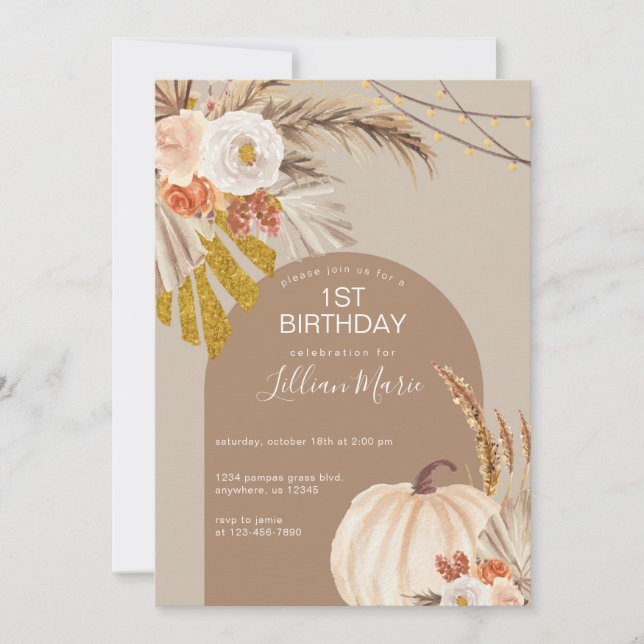 Pampas Grass Pumpkin Birthday Invitation (Front)