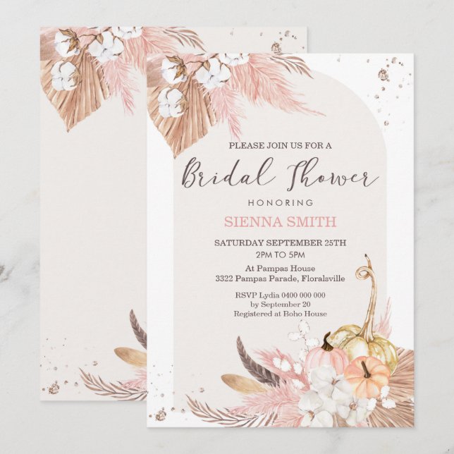 Pampas Grass Pumpkin Bridal Shower Invitation Boho (Front/Back)