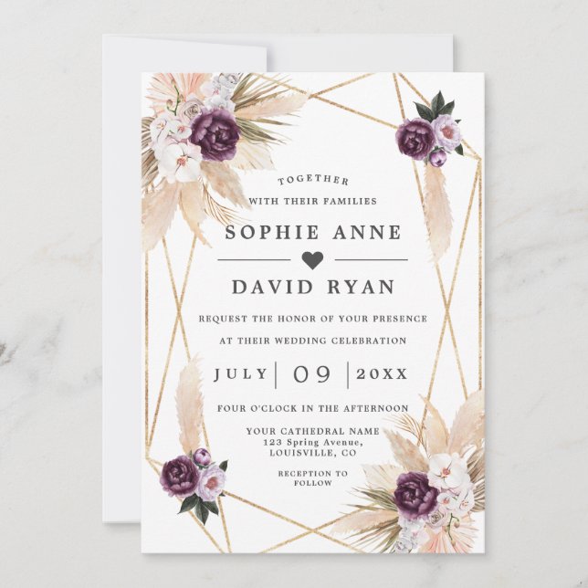 Pampas Grass Purpl Floral Gold All In One Wedding  Invitation (Front)
