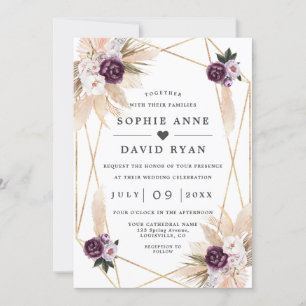 Pampas Grass Purpl Floral Gold All In One Wedding Invitation